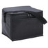 A black cooler bag with a zip closure and a sturdy handle for easy carrying. It features a simple design.