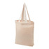 A beige tote bag with two fabric handles. The bag has a simple design and features a logo.
