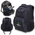 A black laptop backpack featuring multiple compartments and pockets, including side mesh pockets and a logo.