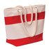 A tote bag in cream canvas with bold red stripes and rope handles. It features a logo.