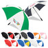A collection of various umbrellas in multiple colours, including green, black, white, and orange, featuring logos.