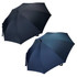 A pair of dark blue umbrellas with a sleek design and a handle, featuring branding on the side.