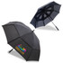 A black umbrella with a unique design and a logo, featuring contrasting inner panels.