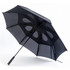 A black umbrella with a unique design featuring large circular cutouts and a sturdy handle.