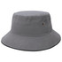 A grey bucket hat with a wide brim and a small logo detail. The material appears sturdy and textured.