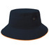 A navy bucket hat with an orange trim and eyelets, featuring a logo on the side.