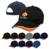 A collection of caps in various colours, featuring a logo on the front and a contrasting peak.
