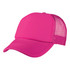 A bright pink foam mesh trucker cap featuring a solid front and mesh back. Includes a logo.