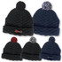 A collection of Pom Pom Beanies in navy and black, featuring a textured design and logos on the front.