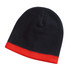 A black beanie with a red cuff, featuring a logo on one side.