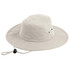A beige surf hat with a wide brim and a chin strap, featuring ventilation holes and a simple logo.