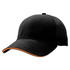 A black cap with an orange trim and a logo, featuring a classic curved peak design.
