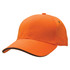 An orange cap with a curved peak and contrasting black trim, featuring a logo on the side.