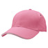 A pink cap with a curved brim, featuring a logo and contrasting trim.