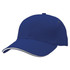 A blue cap with a curved brim and contrasting trim, featuring a logo on the side.