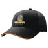 A black cap with a colourful logo featuring a character wearing sunglasses and an orange trim on the brim.