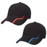 A black cap featuring contrasting red and blue accents, designed with a mesh panel for breathability.
