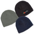 Three Ruga Knit Beanies in dark green, black, and navy, featuring a branded logo on the black beanie.