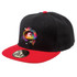 A black cap with a red visor, featuring a graphic design and a logo on the front.