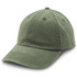 A olive green cap with a curved brim and six-panel construction, featuring a logo on the front.