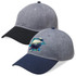 A grey cap with a curved brim and a contrasting black underside, featuring a logo on the front.