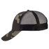 A black camo trucker cap featuring a mesh back and a curved brim. It has a structured design and a logo on the front.