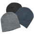 A collection of three beanies in dark grey, light grey, and navy blue, featuring a simple design and logo.
