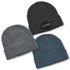 Three beanies in dark grey, light grey, and blue, featuring one with a logo.