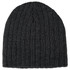 A grey cable knit beanie featuring a ribbed texture and a logo on the side.