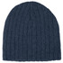 A dark blue cable knit beanie with a ribbed texture, featuring a logo on the side.
