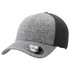 A black and grey trucker cap with a mesh panel and a logo on the side.