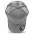 A grey trucker cap featuring a mesh back and a circular logo on the front.