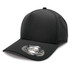 A black cap with a curved brim, featuring a logo and a fitted design.