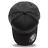 A black cap with a curved brim and a logo on the side, featuring six panels and vent eyelets.