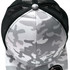 A grey and black trucker cap featuring a snow camouflage pattern and a mesh back, with a circular button on top.
