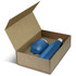 A blue drink bottle and a blue cup inside a brown cardboard gift box, featuring a logo.