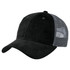 A black premium soft mesh cap with a grey mesh back and a curved brim, featuring a logo on the front.