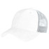 A white cap with a soft mesh back, featuring a classic trucker design and a logo on the front.