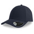 A navy baseball cap with a curved visor and a logo on the side.