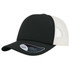A black trucker cap with a mesh back, featuring a mid visor and logo on the side.