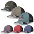 A set of caps in various colours, featuring mesh backs and distinct logos on the front.