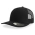 A black trucker cap featuring a solid front panel and mesh back, with a curved brim and a logo on the side.