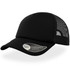 A black trucker cap featuring a curved visor and a mesh back, with a logo on the side.