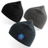 A collection of three knitted beanies in black, grey, and dark teal, featuring a logo on one.