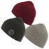 Three ribbed beanies in burgundy, grey, and dark green, each featuring a logo on one.