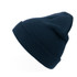 A navy blue beanie with a flexible fit, featuring a logo on the side.