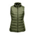 A green women’s thermal vest features a high collar and a padded design with side pockets and a logo.