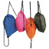 Four drawstring bags in blue, pink, orange, and green, with black straps and a small logo on each.