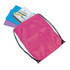 A pink drawstring bag with black cords containing notebooks and pens. It features a logo.