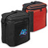 A drink cooler bag in black and red, featuring a shoulder strap and a logo on the front.